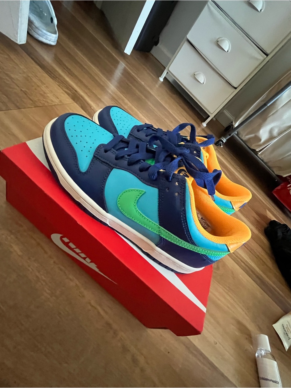 Nike Kids Low-Top Sneakers in Teal, Navy & Orange with Green Swoosh